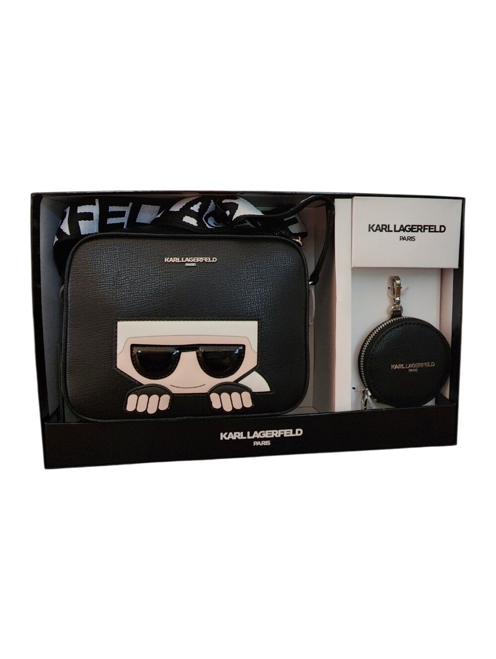 Karl Lagerfeld Black Logo Crossbody Guitar Strap With Attached Pouch NIB